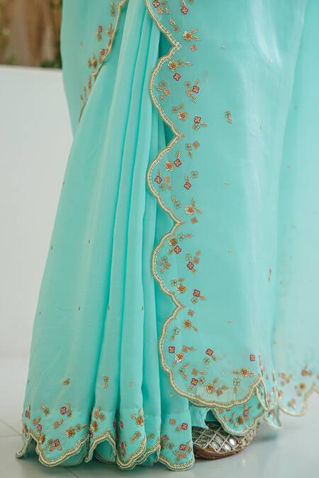 Buy_Pita Nila_Blue , Satin, Organza Nargis Hand Embroidered Saree With Blouse _Online_at_Aza_Fashions