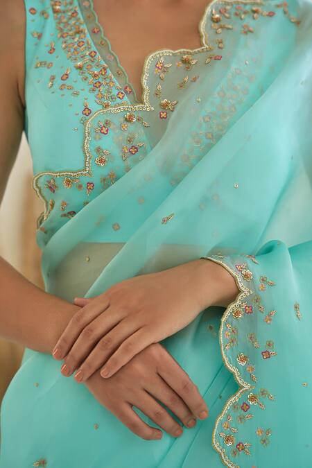 Shop_Pita Nila_Blue , Satin, Organza Nargis Hand Embroidered Saree With Blouse _Online_at_Aza_Fashions