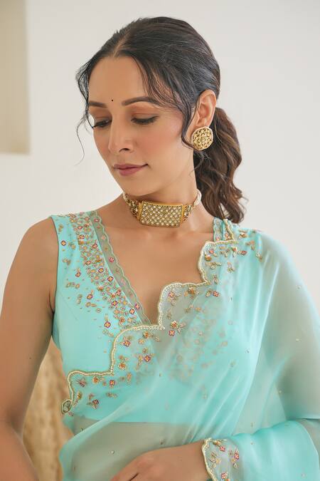 Pita Nila_Blue , Satin, Organza Nargis Hand Embroidered Saree With Blouse _at_Aza_Fashions