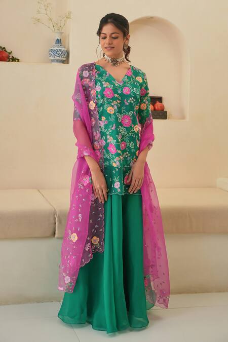 Pita Nila_Green Silk Organza, Gabardine Embroidery, Sequins Seri Hand Kurta Lehenga Set _Online_at_Aza_Fashions