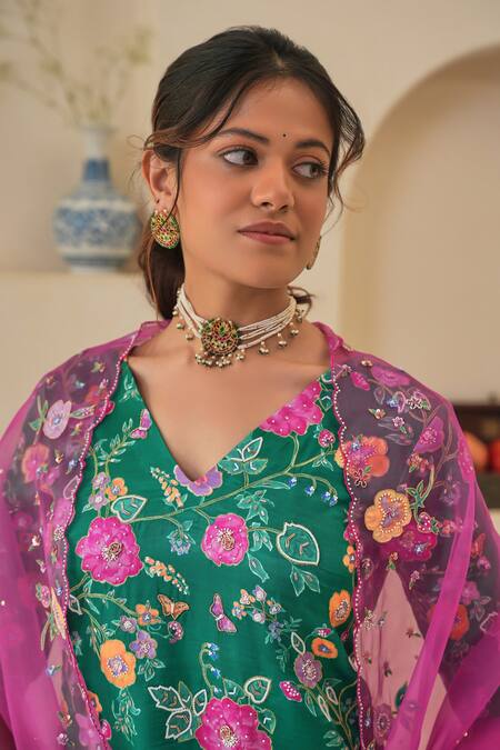 Buy_Pita Nila_Green Silk Organza, Gabardine Embroidery, Sequins Seri Hand Kurta Lehenga Set _Online_at_Aza_Fashions