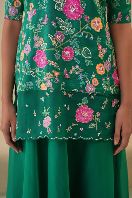 Shop_Pita Nila_Green Silk Organza, Gabardine Embroidery, Sequins Seri Hand Kurta Lehenga Set _Online_at_Aza_Fashions