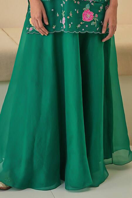 Buy_Pita Nila_Green Silk Organza, Gabardine Embroidery, Sequins Seri Hand Kurta Lehenga Set 