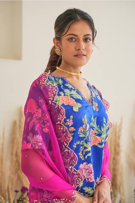 Pita Nila_Blue Silk Organza, Gabardine Sequins, Cut Fiza Floral Print Kurta Sharara Set _Online_at_Aza_Fashions