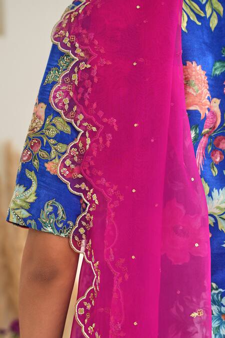 Shop_Pita Nila_Blue Silk Organza, Gabardine Sequins, Cut Fiza Floral Print Kurta Sharara Set _Online_at_Aza_Fashions