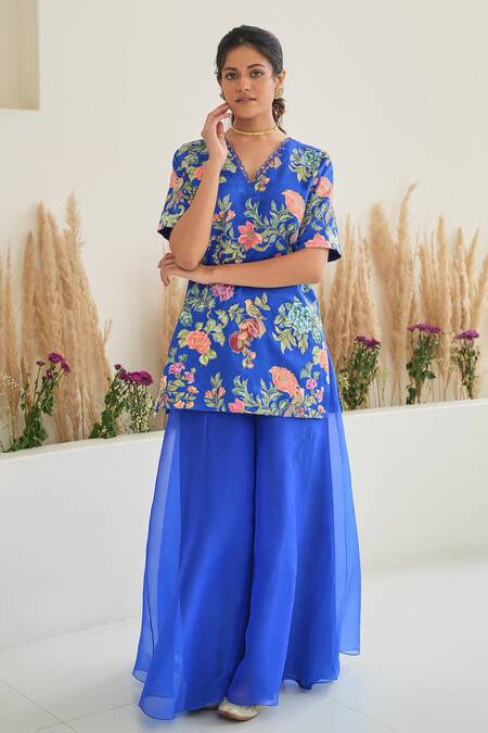 Pita Nila_Blue Silk Organza, Gabardine Sequins, Cut Fiza Floral Print Kurta Sharara Set _at_Aza_Fashions