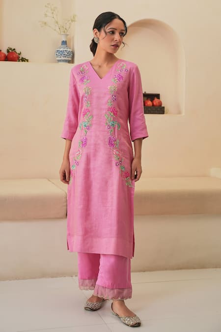 Buy Pita Nila Pink Silk, Chanderi, Tissue Embroidery Rehaab Floral Hand Kurta Palazzo Set Online at Aza Fashions Buy_Pita Nila_Pink Silk, Chanderi, Tissue Embroidery Rehaab Floral Hand Kurta Palazzo Set _Online_at_Aza_Fashions