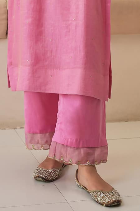Shop Pita Nila Pink Silk, Chanderi, Tissue Embroidery Rehaab Floral Hand Kurta Palazzo Set Online at Aza Fashions Shop_Pita Nila_Pink Silk, Chanderi, Tissue Embroidery Rehaab Floral Hand Kurta Palazzo Set _Online_at_Aza_Fashions