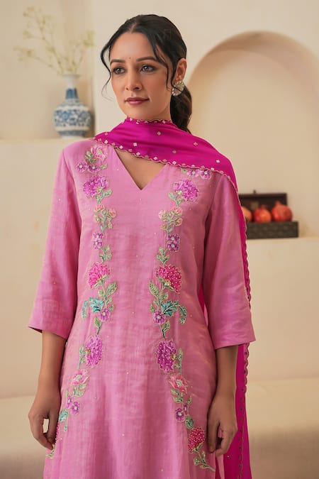 Pita Nila Pink Silk, Chanderi, Tissue Embroidery Rehaab Floral Hand Kurta Palazzo Set at Aza Fashions Pita Nila_Pink Silk, Chanderi, Tissue Embroidery Rehaab Floral Hand Kurta Palazzo Set _at_Aza_Fashions