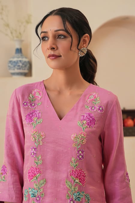Buy Pita Nila Pink Silk, Chanderi, Tissue Embroidery Rehaab Floral Hand Kurta Palazzo Set Buy_Pita Nila_Pink Silk, Chanderi, Tissue Embroidery Rehaab Floral Hand Kurta Palazzo Set