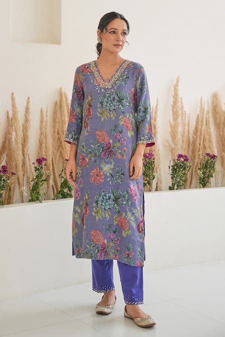 Pita Nila_Purple Silk, Chanderi, Tissue Fiza Floral Blossom Print Kurta Pant Set _Online_at_Aza_Fashions
