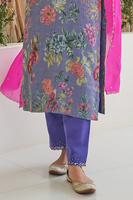 Buy_Pita Nila_Purple Silk, Chanderi, Tissue Fiza Floral Blossom Print Kurta Pant Set _Online_at_Aza_Fashions
