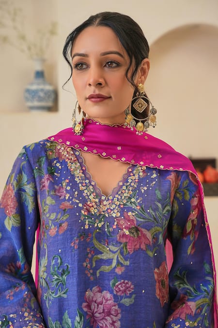 Pita Nila Purple Silk, Chanderi, Tissue Beads, Fiza Floral Print Short Kurta Pant Set Online at Aza Fashions Pita Nila_Purple Silk, Chanderi, Tissue Beads, Fiza Floral Print Short Kurta Pant Set _Online_at_Aza_Fashions
