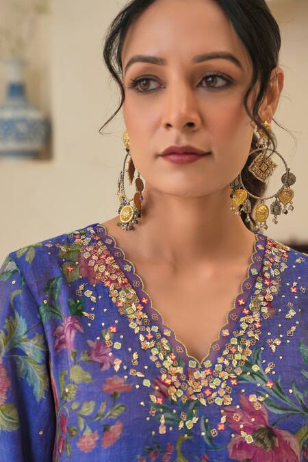 Shop Pita Nila Purple Silk, Chanderi, Tissue Beads, Fiza Floral Print Short Kurta Pant Set Online at Aza Fashions Shop_Pita Nila_Purple Silk, Chanderi, Tissue Beads, Fiza Floral Print Short Kurta Pant Set _Online_at_Aza_Fashions