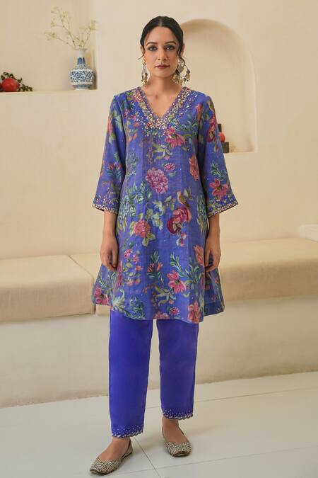 Pita Nila Purple Silk, Chanderi, Tissue Beads, Fiza Floral Print Short Kurta Pant Set at Aza Fashions Pita Nila_Purple Silk, Chanderi, Tissue Beads, Fiza Floral Print Short Kurta Pant Set _at_Aza_Fashions