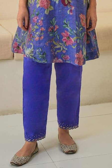 Buy Pita Nila Purple Silk, Chanderi, Tissue Beads, Fiza Floral Print Short Kurta Pant Set Buy_Pita Nila_Purple Silk, Chanderi, Tissue Beads, Fiza Floral Print Short Kurta Pant Set