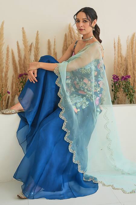 Pita Nila_Blue Silk Organza, Gabardine Fiza Floral Vine Print Kurta Sharara Set _Online_at_Aza_Fashions