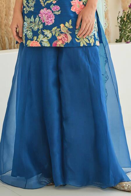Shop_Pita Nila_Blue Silk Organza, Gabardine Fiza Floral Vine Print Kurta Sharara Set _Online_at_Aza_Fashions