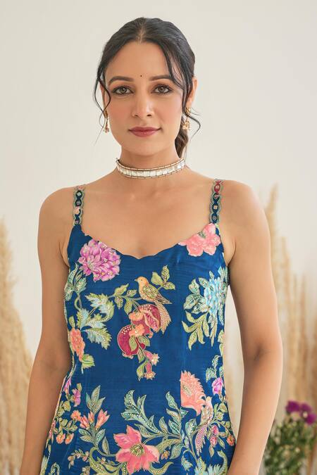 Pita Nila_Blue Silk Organza, Gabardine Fiza Floral Vine Print Kurta Sharara Set _at_Aza_Fashions