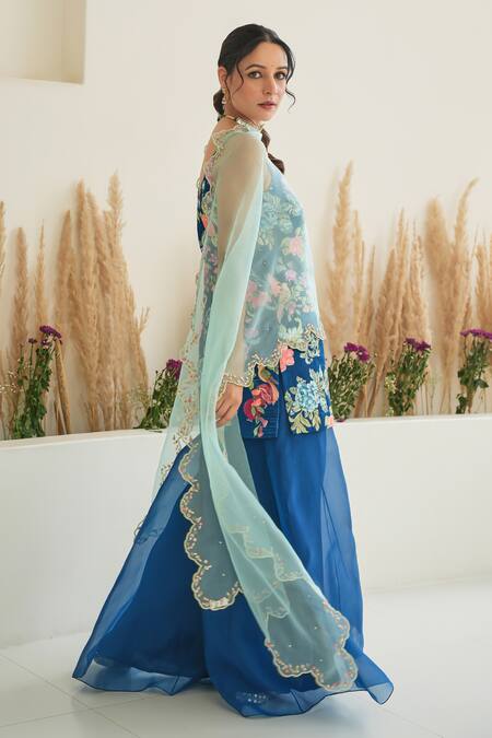 Buy_Pita Nila_Blue Silk Organza, Gabardine Fiza Floral Vine Print Kurta Sharara Set 