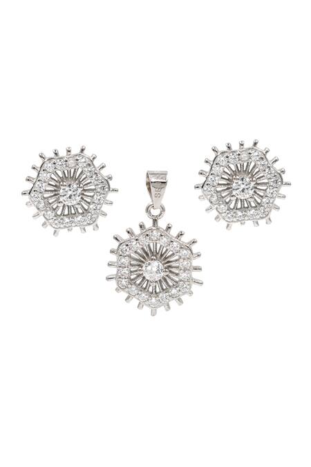 Sangeeta Boochra_Silver Plated Crystals Spiral Geometric Studs With Pendant _Online_at_Aza_Fashions