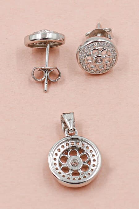 Shop Sangeeta Boochra Silver Plated Crystals Floral Circular Cutwork Studs With Pendant at Aza Fashions Shop_Sangeeta Boochra_Silver Plated Crystals Floral Circular Cutwork Studs With Pendant _at_Aza_Fashions