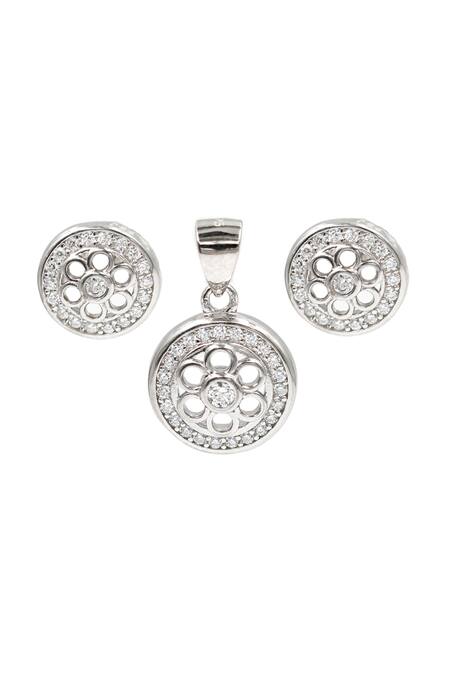 Sangeeta Boochra Silver Plated Crystals Floral Circular Cutwork Studs With Pendant Online at Aza Fashions Sangeeta Boochra_Silver Plated Crystals Floral Circular Cutwork Studs With Pendant _Online_at_Aza_Fashions