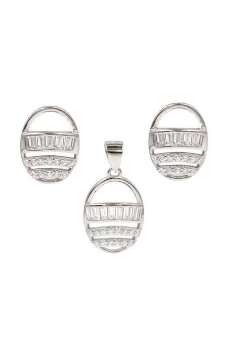 Sangeeta Boochra_Silver Plated Crystals Stone Studded Oval Pendant Set _Online_at_Aza_Fashions
