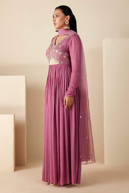 Suruchi Parakh_Purple Georgette Embroidery V-neck Yoke Hand Anarkali With Dupatta _Online_at_Aza_Fashions