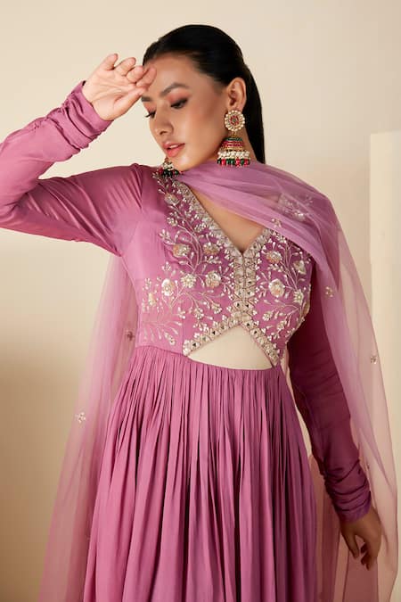 Buy_Suruchi Parakh_Purple Georgette Embroidery V-neck Yoke Hand Anarkali With Dupatta _Online_at_Aza_Fashions