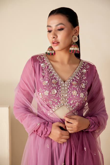 Shop_Suruchi Parakh_Purple Georgette Embroidery V-neck Yoke Hand Anarkali With Dupatta _Online_at_Aza_Fashions