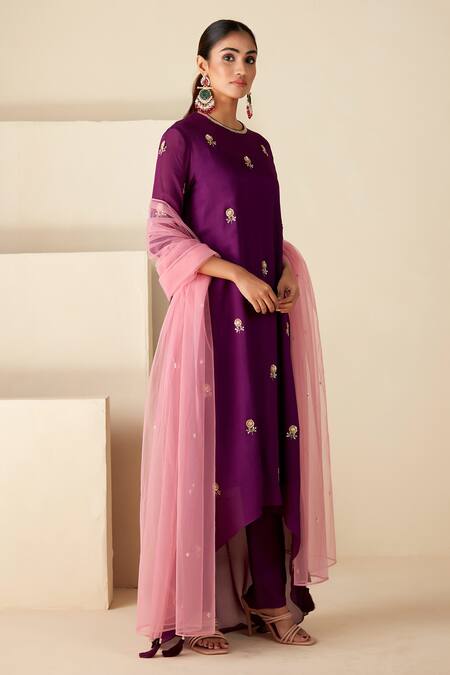 Shop_Suruchi Parakh_Purple Georgette Embroidery, Sequins Round Neck Hand Kurta Pant Set _Online_at_Aza_Fashions