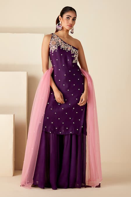 Suruchi Parakh_Purple Georgette Embroidery One Shoulder Hand Kurta Sharara Set _Online_at_Aza_Fashions
