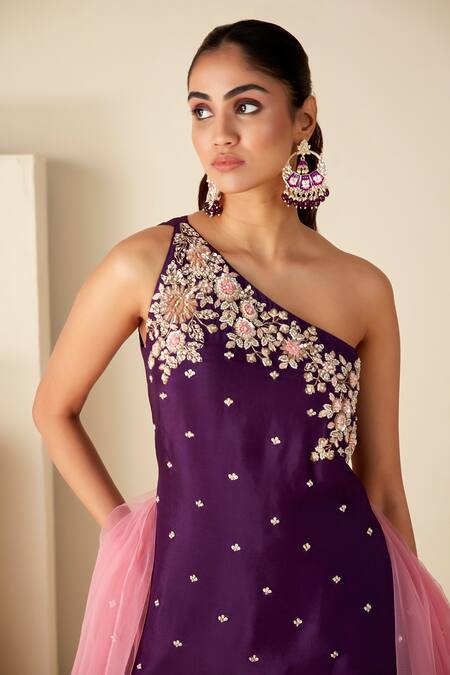 Suruchi Parakh_Purple Georgette Embroidery One Shoulder Hand Kurta Sharara Set _at_Aza_Fashions
