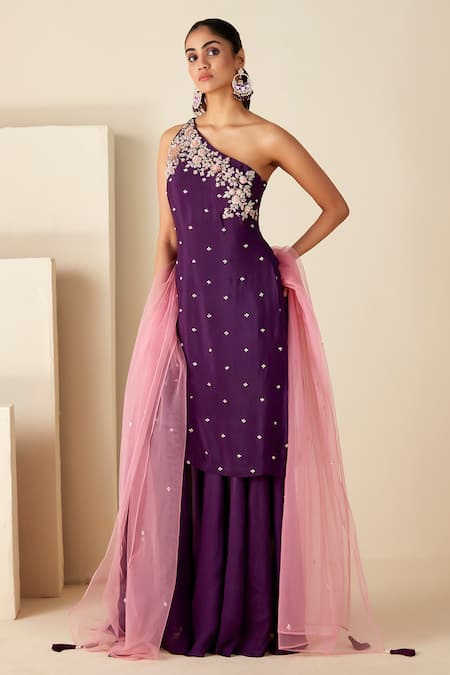 Suruchi Parakh Hand Embroidered One-Shoulder Kurta Sharara Set 
