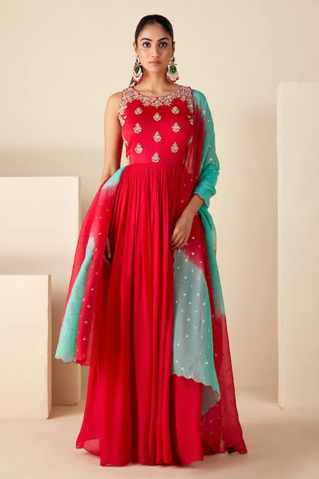 Suruchi Parakh_Red Georgette Embroidery Round Neck Yoke Anarkali With Dupatta _Online_at_Aza_Fashions