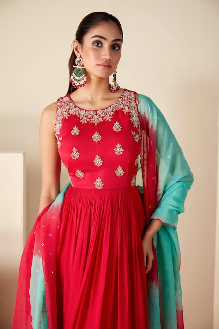 Buy_Suruchi Parakh_Red Georgette Embroidery Round Neck Yoke Anarkali With Dupatta _Online_at_Aza_Fashions
