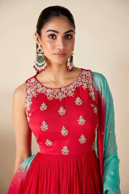 Shop_Suruchi Parakh_Red Georgette Embroidery Round Neck Yoke Anarkali With Dupatta _Online_at_Aza_Fashions