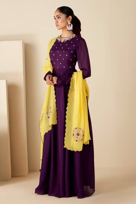Buy_Suruchi Parakh_Purple Georgette, Crepe Embroidery Round Yoke Hand Work Anarkali With Dupatta _Online_at_Aza_Fashions