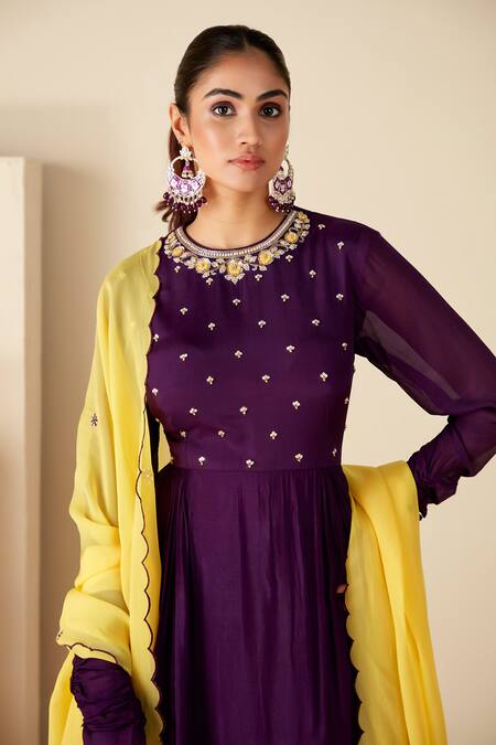 Shop_Suruchi Parakh_Purple Georgette, Crepe Embroidery Round Yoke Hand Work Anarkali With Dupatta _Online_at_Aza_Fashions