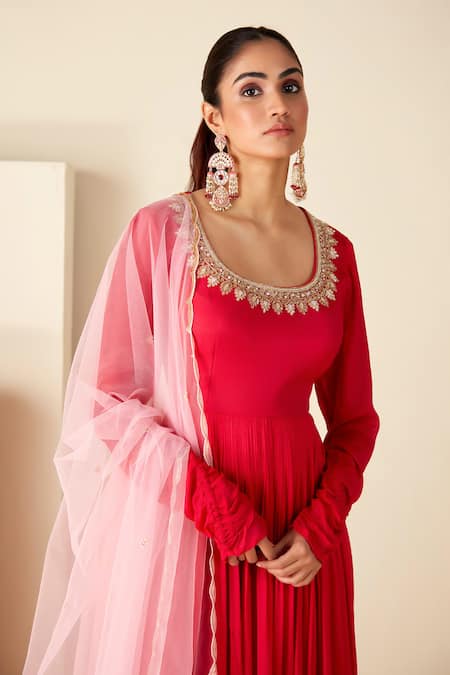 Buy_Suruchi Parakh_Red Georgette Embroidery Round Neck Yoke Zardosi Hand Anarkali With Dupatta _Online_at_Aza_Fashions