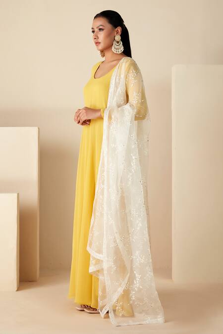 Suruchi Parakh Yellow Georgette, Crepe Sequins, Embroidery Round Solid Anarkali With Dupatta Online at Aza Fashions Suruchi Parakh_Yellow Georgette, Crepe Sequins, Embroidery Round Solid Anarkali With Dupatta _Online_at_Aza_Fashions