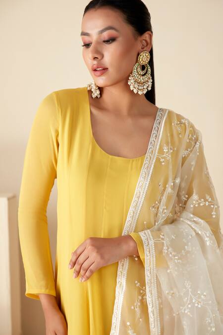 Shop Suruchi Parakh Yellow Georgette, Crepe Sequins, Embroidery Round Solid Anarkali With Dupatta Online at Aza Fashions Shop_Suruchi Parakh_Yellow Georgette, Crepe Sequins, Embroidery Round Solid Anarkali With Dupatta _Online_at_Aza_Fashions