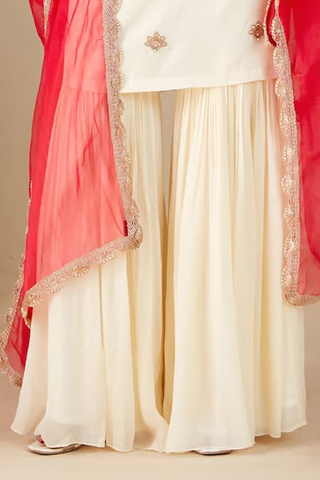 Suruchi Parakh_White Crepe, Silk, Chiffon Embroidery Round Neck Hand Kurta Sharara Set _Online_at_Aza_Fashions