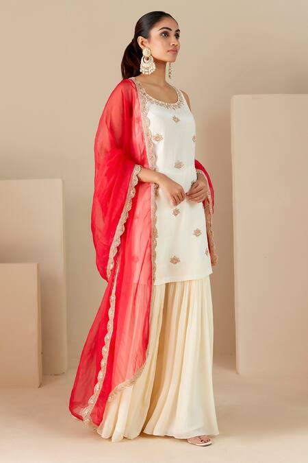 Shop_Suruchi Parakh_White Crepe, Silk, Chiffon Embroidery Round Neck Hand Kurta Sharara Set _Online_at_Aza_Fashions