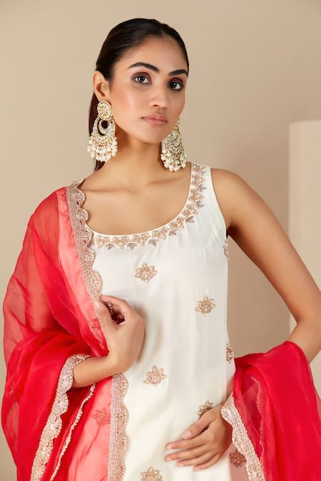 Suruchi Parakh_White Crepe, Silk, Chiffon Embroidery Round Neck Hand Kurta Sharara Set _at_Aza_Fashions