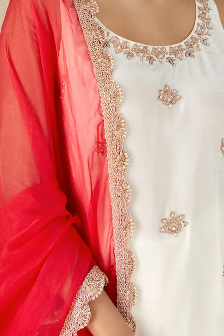 Buy_Suruchi Parakh_White Crepe, Silk, Chiffon Embroidery Round Neck Hand Kurta Sharara Set 
