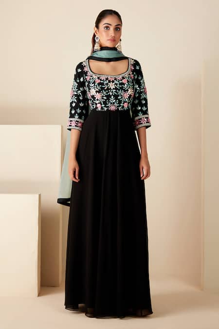 Suruchi Parakh_Black Organza, Georgette Embroidery Square Yoke Flowers Anarkali With Dupatta _Online_at_Aza_Fashions