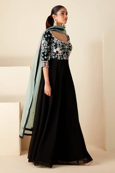 Buy_Suruchi Parakh_Black Organza, Georgette Embroidery Square Yoke Flowers Anarkali With Dupatta _Online_at_Aza_Fashions
