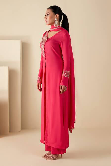 Suruchi Parakh_Pink Crepe, Chiffon Sequins V-neck Hand Embroidered Kurta Pant Set _Online_at_Aza_Fashions
